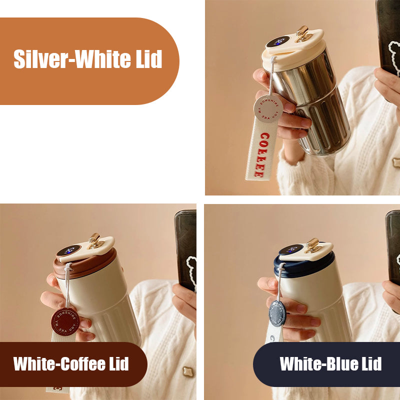 Smart Insulated Coffee Mug with Temperature Display – Silver and white lock