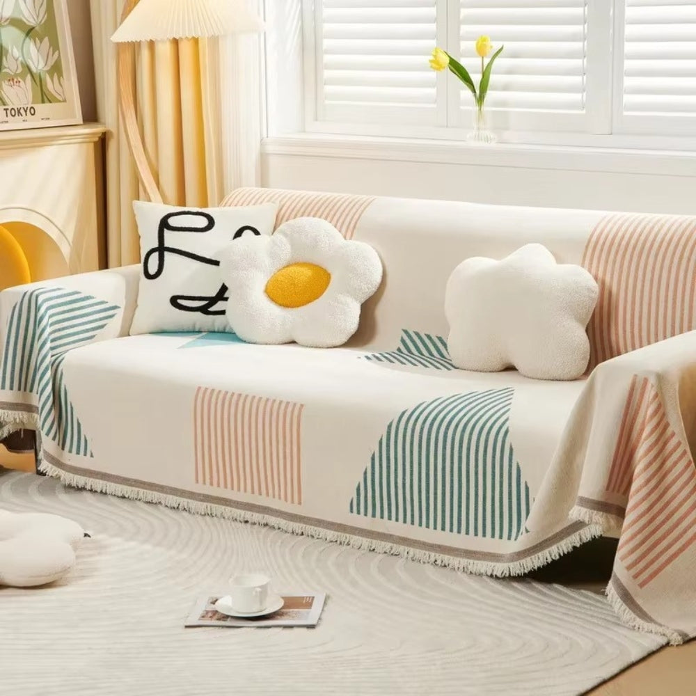 Stylish Geometric Chenille Sofa Protector – Blush Mint