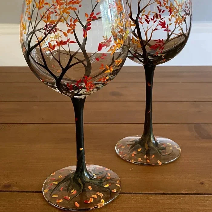 Hand-Painted Art Wine Glasses - Tree of the Four Seasons – Summer