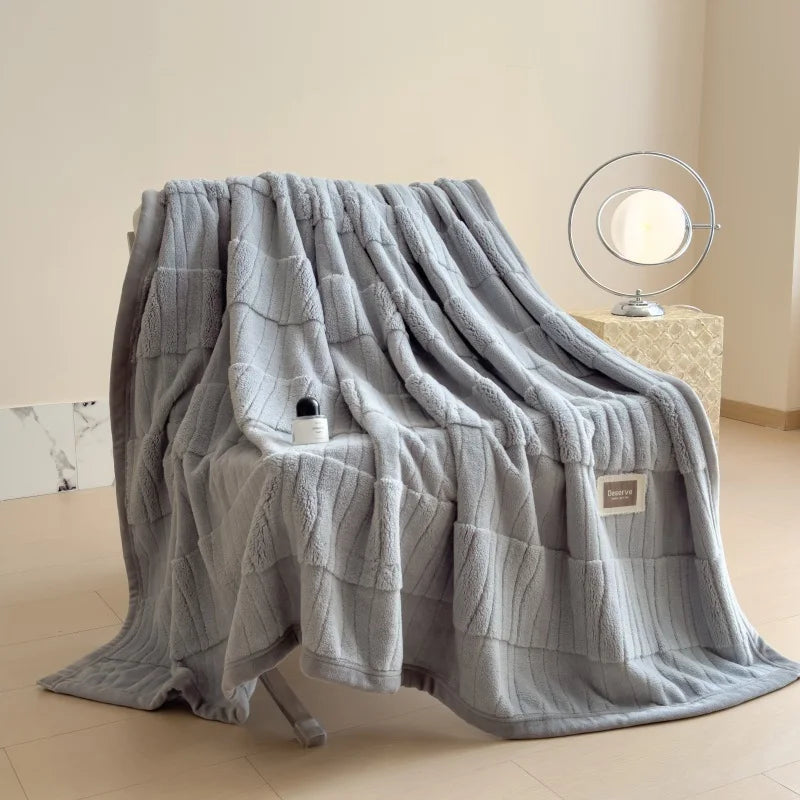 Reversible Velvet Comfort Blanket | Jacquard Coral Fleece Winter Throw – Light Gray