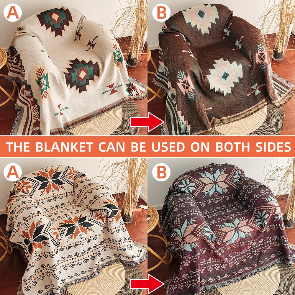 XXL Southwest Ethnic Design Throw Blanket with Fringe Edges - Boho Aztec Checkered Cotton Blend