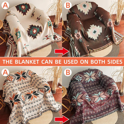 XXL Southwest Ethnic Design Throw Blanket with Fringe Edges - Boho Aztec Checkered Cotton Blend