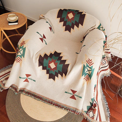 XXL Southwest Ethnic Design Throw Blanket with Fringe Edges - Boho Aztec Checkered Cotton Blend