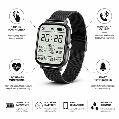 1.83" Smart Touchscreen Watch with Health Monitoring & Call Features