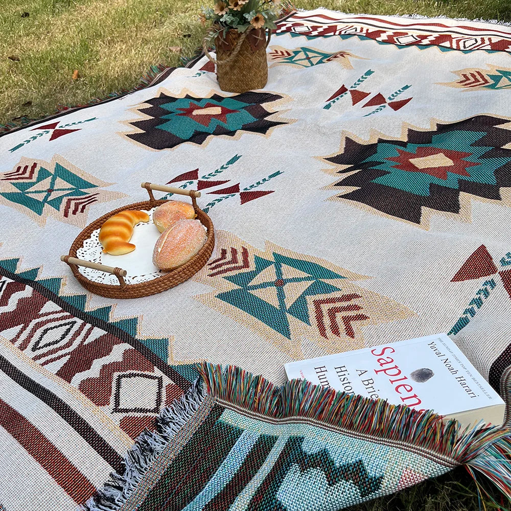 XXL Southwest Ethnic Design Throw Blanket with Fringe Edges - Boho Aztec Checkered Cotton Blend