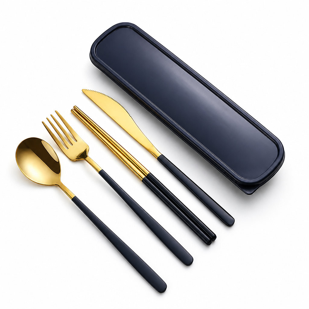 Sustainable Stainless Steel Travel Cutlery Set – Black-Gold