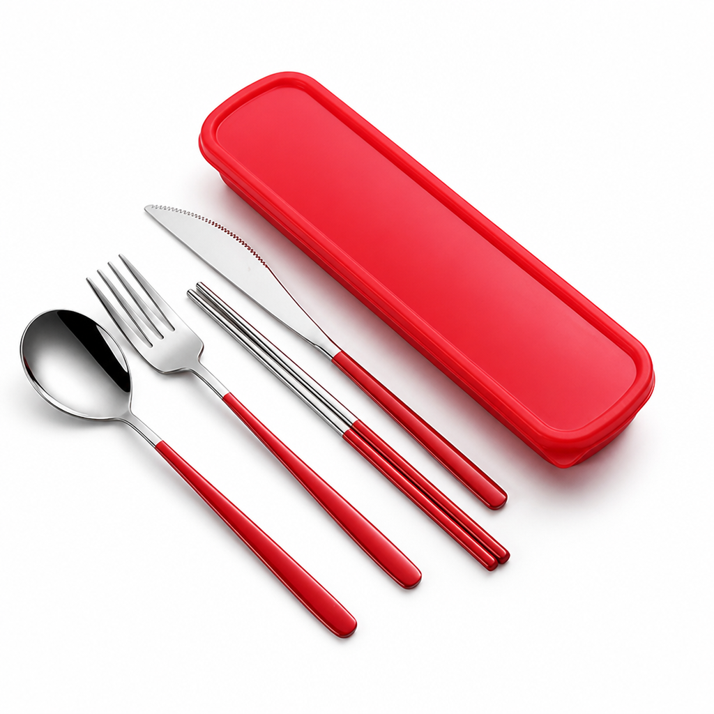 Sustainable Stainless Steel Travel Cutlery Set – Red-Silver