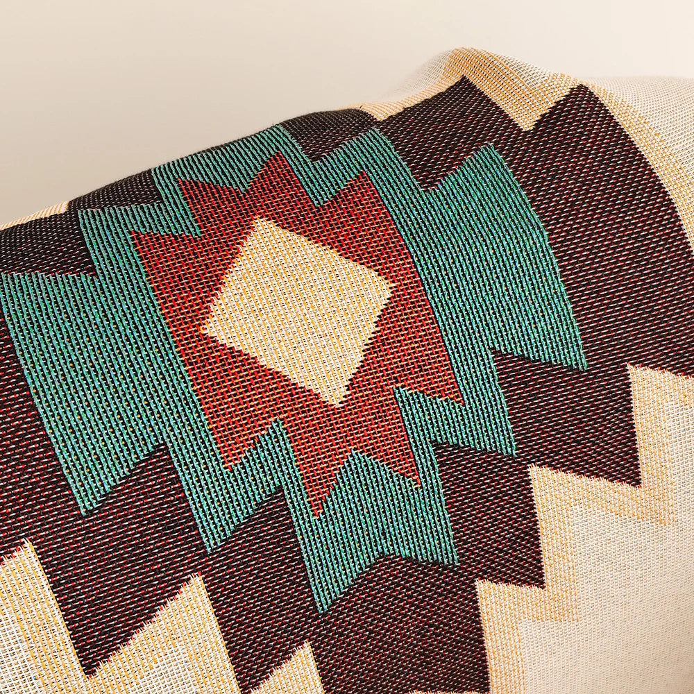 XXL Southwest Ethnic Design Throw Blanket with Fringe Edges - Boho Aztec Checkered Cotton Blend