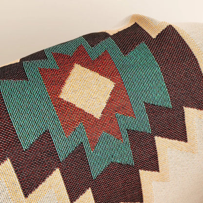 XXL Southwest Ethnic Design Throw Blanket with Fringe Edges - Boho Aztec Checkered Cotton Blend