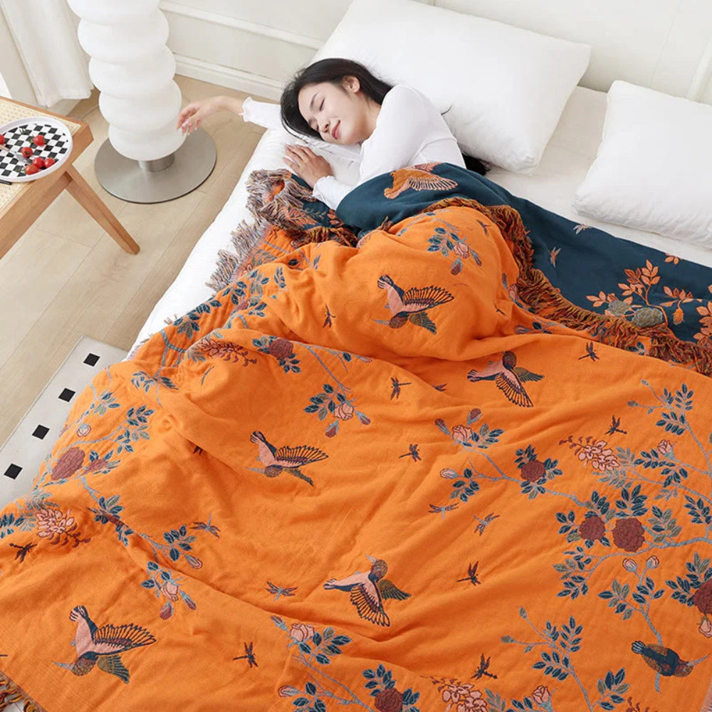 Chic Layered Cotton Throw Blanket – Dark Blue & Orange