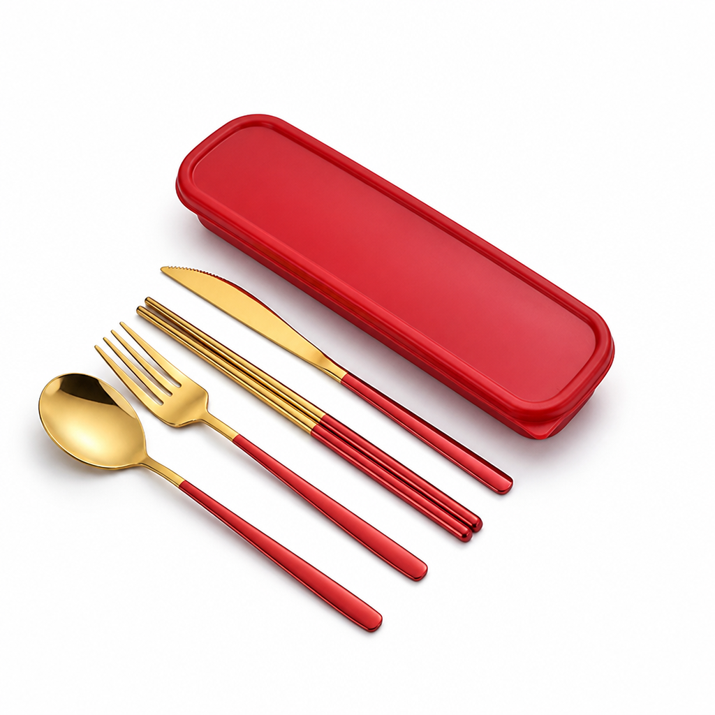 Sustainable Stainless Steel Travel Cutlery Set – Red-Gold