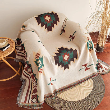 XXL Southwest Ethnic Design Throw Blanket with Fringe Edges - Boho Aztec Checkered Cotton Blend – Sugar