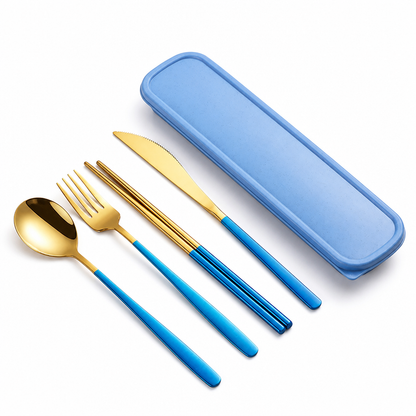 Sustainable Stainless Steel Travel Cutlery Set – Blue-Gold