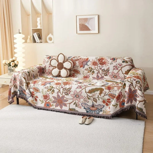 Floral Pattern Blanket with Rustic Fringe in Soft Polyester Cotton