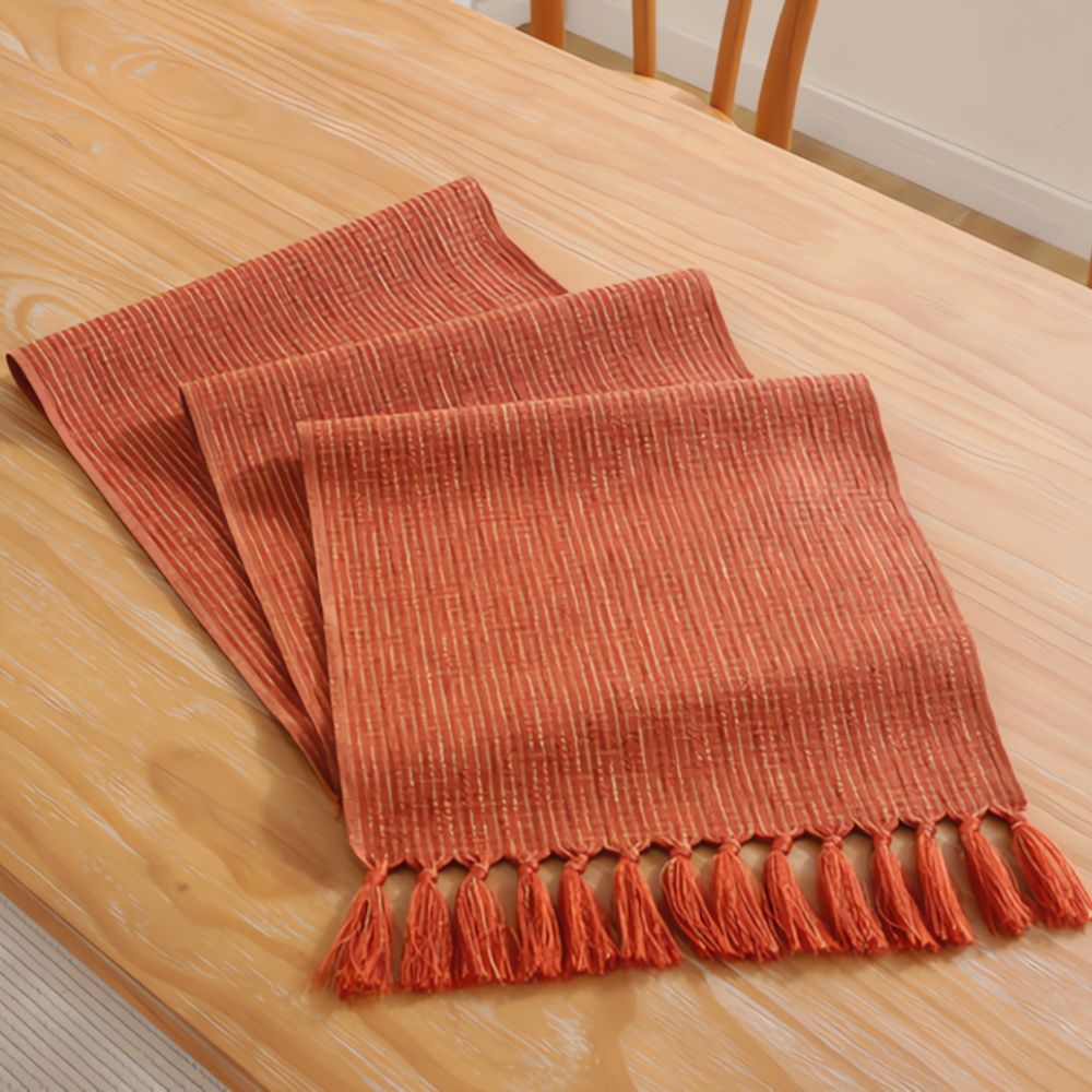 Chic Textured Table Runner with Elegant Tassels – Orange
