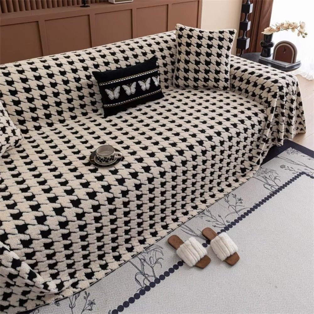 Elegant Houndstooth Plush Sofa Protector – Beige