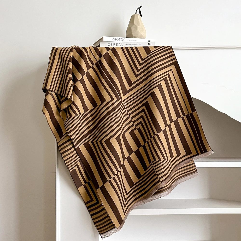Elegant Geometric Patterned Shawl Wrap – Bronze Grid