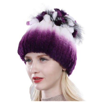 Furry Knit Beanie Hat for Women in Rabbit Fur – Purple