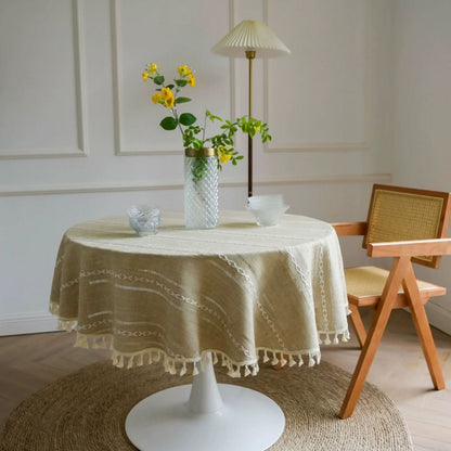 Elegant Leaf Pattern Round Table Cover – Wheat Linen
