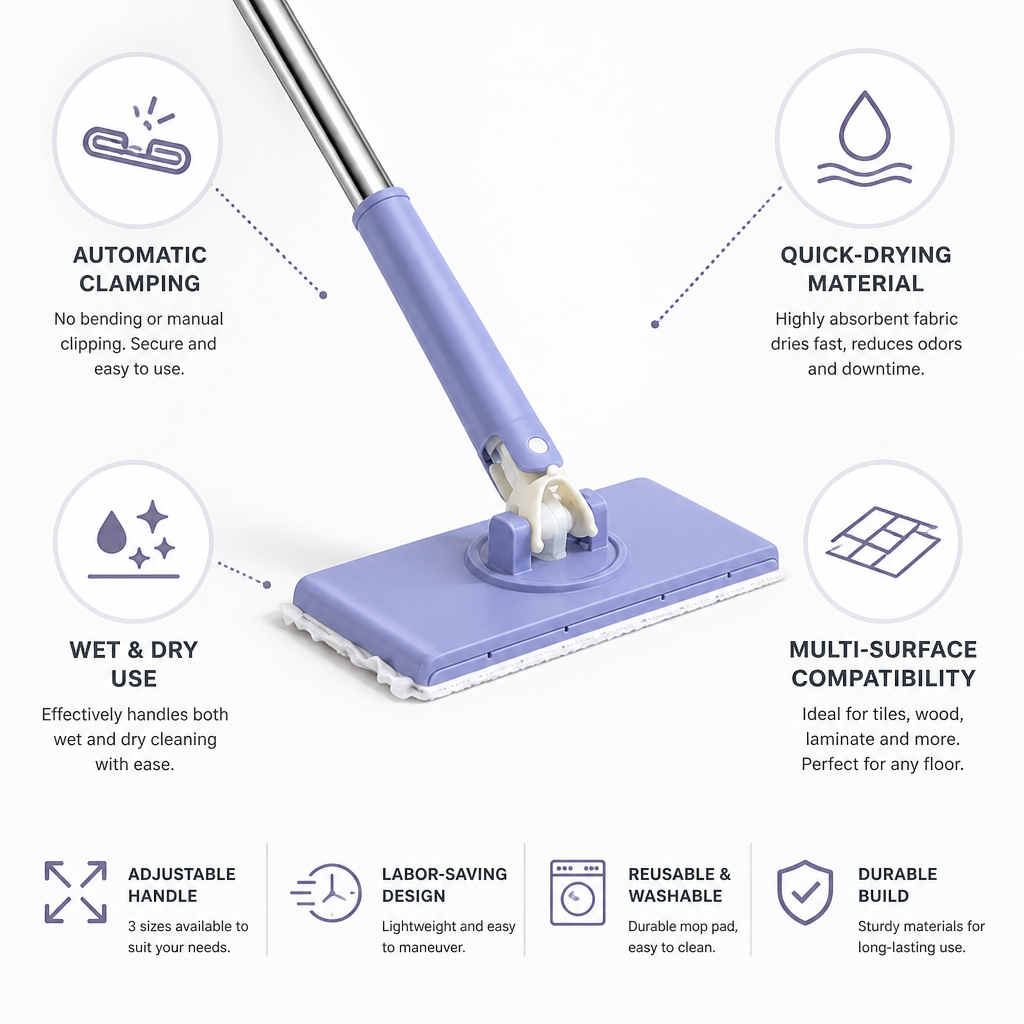 Effortless Floor Mop with Auto-Clamp & Rapid Drying