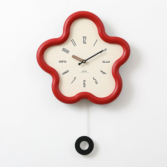 Silent Pendulum Wall Clock with 3D Floral Design for Bedroom Decor – Red