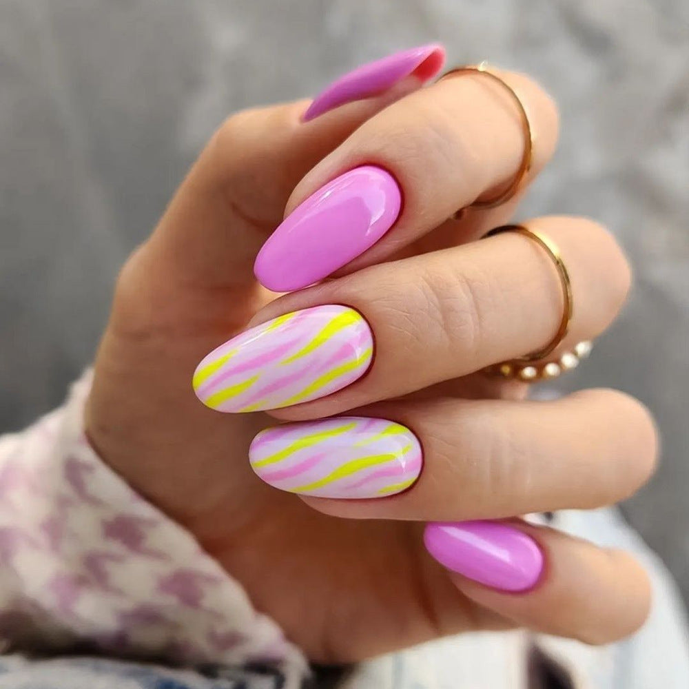 Colourful Patterned Acrylic Nail Set – Yellow