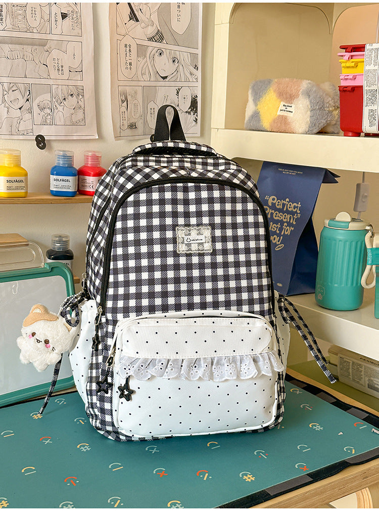Charming Checkered Multi-Pocket Backpack for School Use – Black