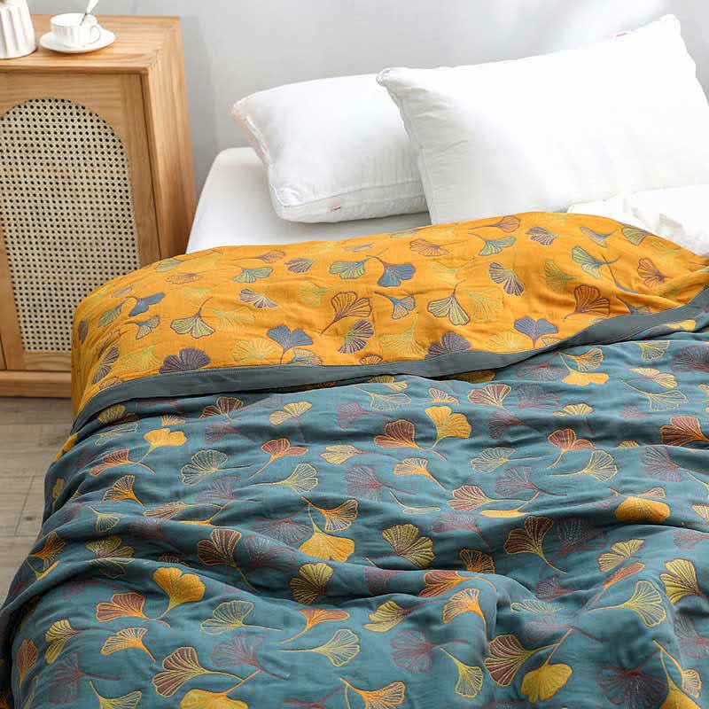 Reversible Cotton Blanket with Ginkgo Leaf Design for Bedroom – Blue-Grey & Orange