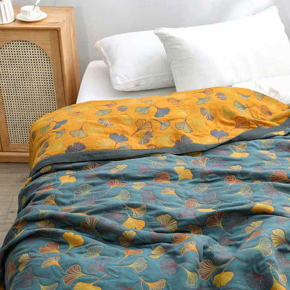 Reversible Cotton Blanket with Ginkgo Leaf Design for Bedroom – Blue-Grey & Orange