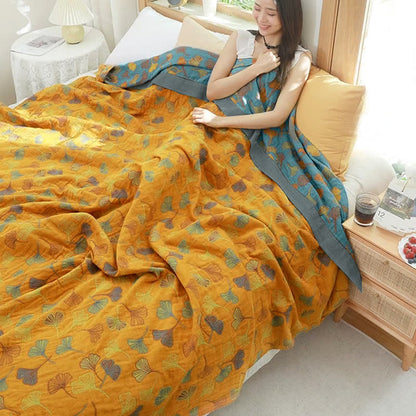 Reversible Cotton Blanket with Ginkgo Leaf Design for Bedroom