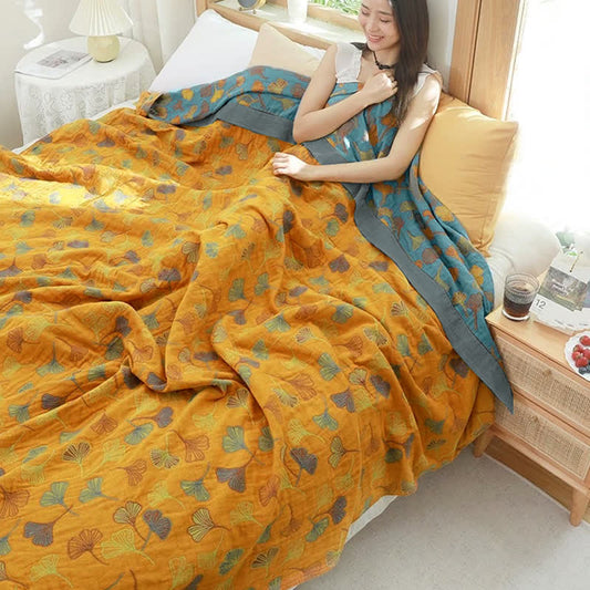 Reversible Cotton Blanket with Ginkgo Leaf Design for Bedroom
