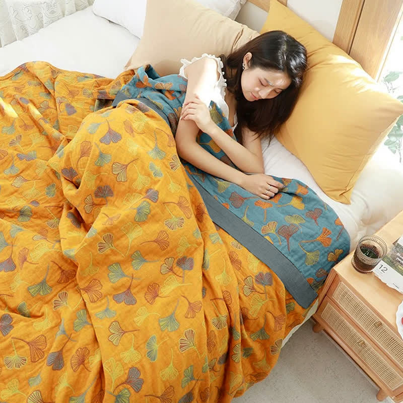 Reversible Cotton Blanket with Ginkgo Leaf Design for Bedroom