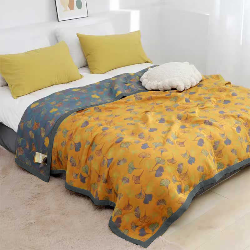 Reversible Cotton Blanket with Ginkgo Leaf Design for Bedroom