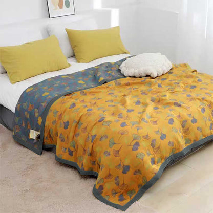 Reversible Cotton Blanket with Ginkgo Leaf Design for Bedroom