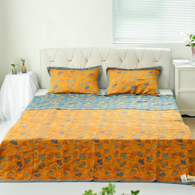 Reversible Cotton Blanket with Ginkgo Leaf Design for Bedroom