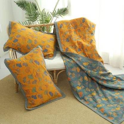 Reversible Cotton Blanket with Ginkgo Leaf Design for Bedroom – Blue-Grey & Orange