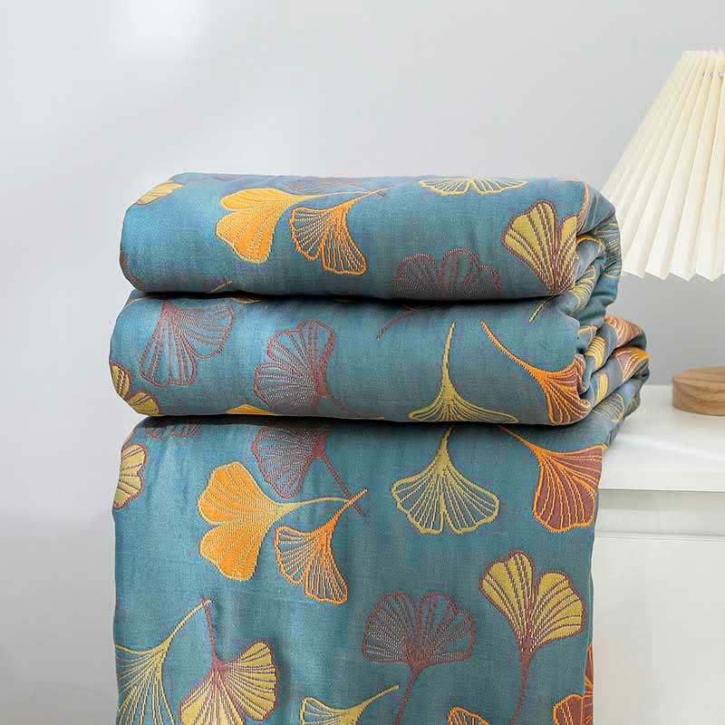 Reversible Cotton Blanket with Ginkgo Leaf Design for Bedroom
