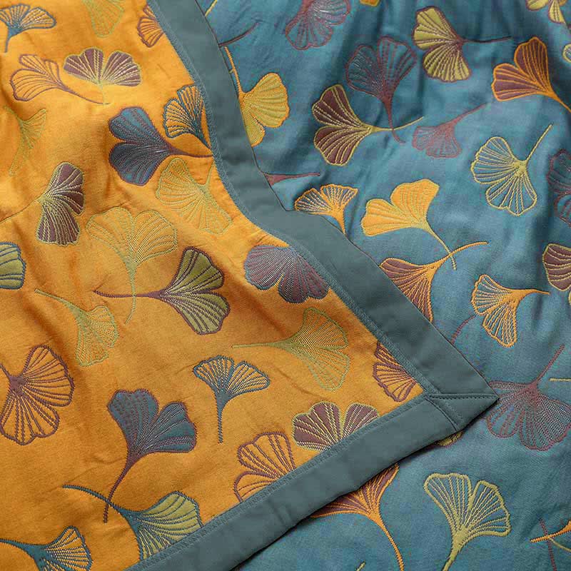 Reversible Cotton Blanket with Ginkgo Leaf Design for Bedroom