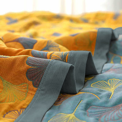 Reversible Cotton Blanket with Ginkgo Leaf Design for Bedroom