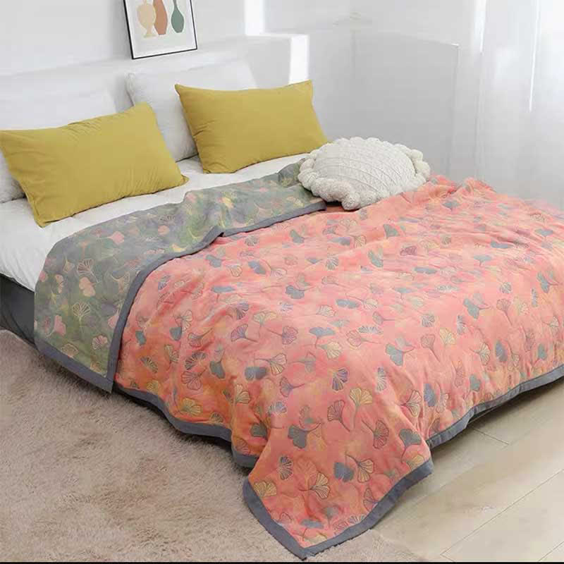 Reversible Cotton Blanket with Ginkgo Leaf Design for Bedroom – Pink & Blue-Grey