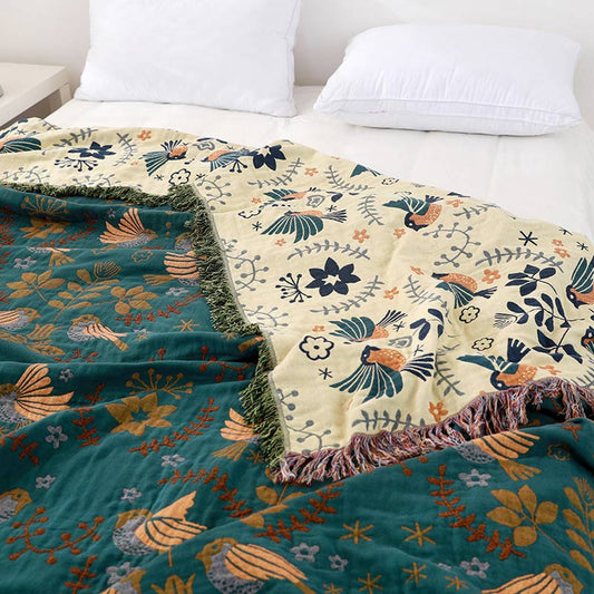 Reversible Cotton Blanket with Bird and Floral Print in Boho Style