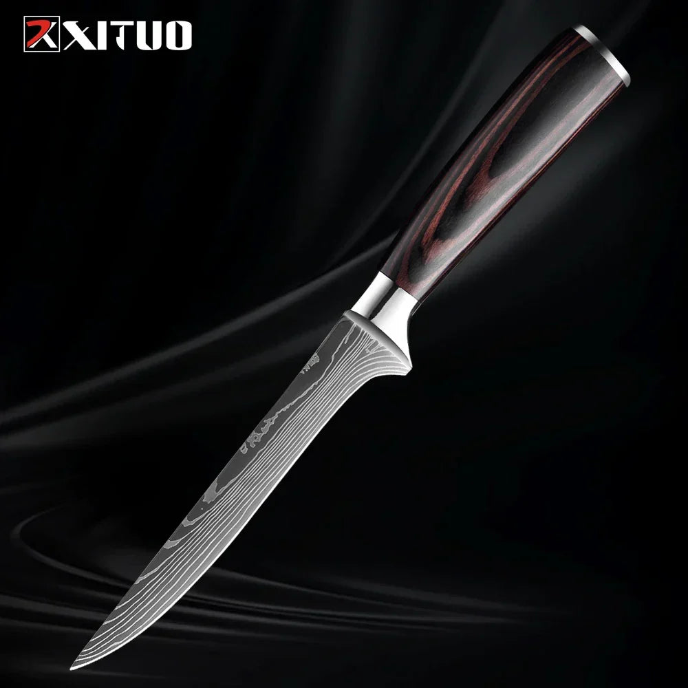 Kitchen Knife Collection - 1-9 Pieces Stainless Steel Chef, Santoku & Fruit Knives with Ergonomic Pakkawood Grip – 6 inch Boning Knife