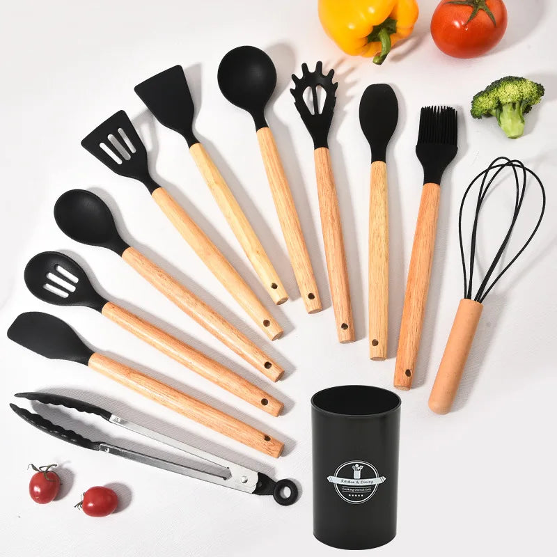 Kitchen Utensil Set - 12-Piece Silicone with Wooden Handle for Cooking, Frying & Serving