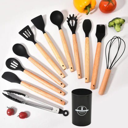 Kitchen Utensil Set - 12-Piece Silicone with Wooden Handle for Cooking, Frying & Serving