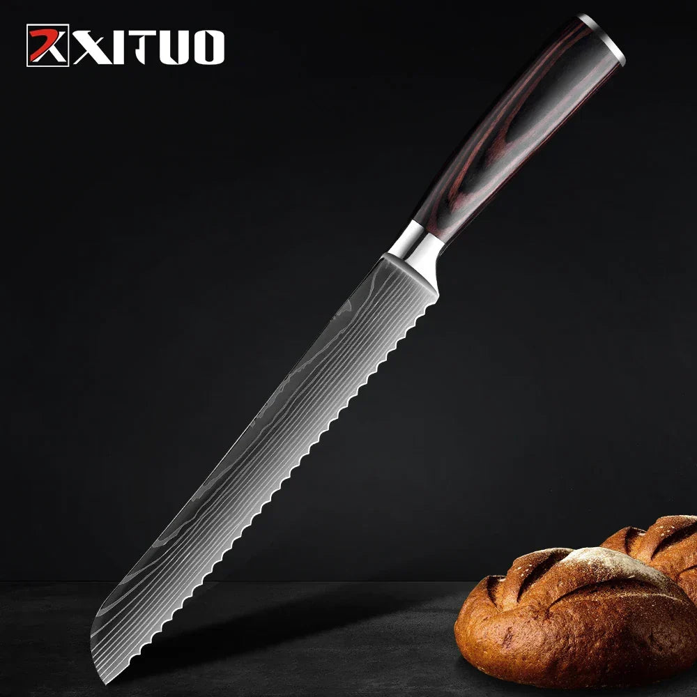 Kitchen Knife Collection - 1-9 Pieces Stainless Steel Chef, Santoku & Fruit Knives with Ergonomic Pakkawood Grip – 8 inch Bread Knife