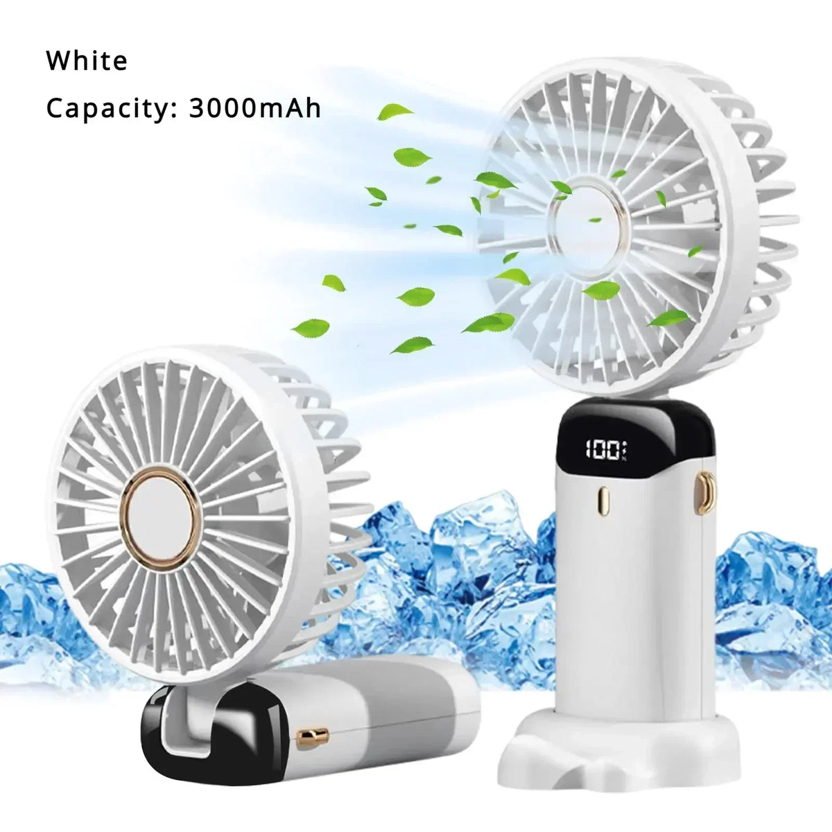 Portable Mini Fan 5000mAh – Wireless USB Rechargeable with Digital Screen and Phone Holder, 5-Speed Neck Hanging Design – White 3000mAH