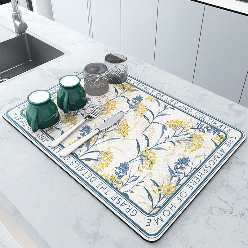 Rapid-Dry Kitchen Mat for a Spotless Space – Blue pattern