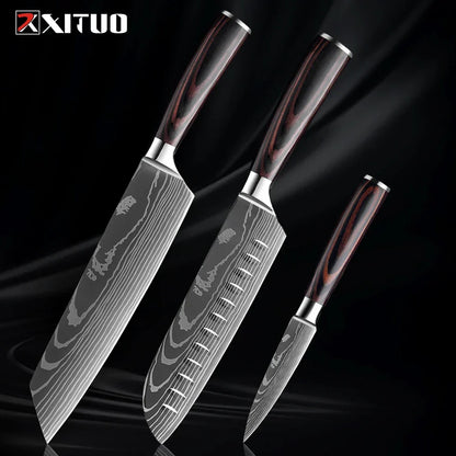 Kitchen Knife Collection - 1-9 Pieces Stainless Steel Chef, Santoku & Fruit Knives with Ergonomic Pakkawood Grip – 3PCS Knife B
