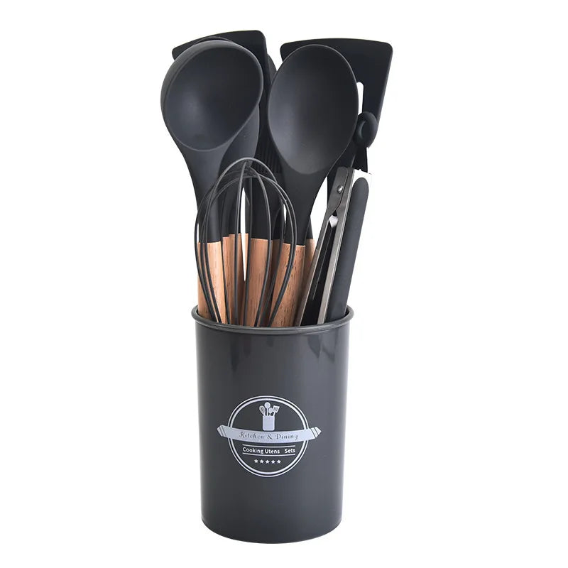 Kitchen Utensil Set - 12-Piece Silicone with Wooden Handle for Cooking, Frying & Serving – Gray