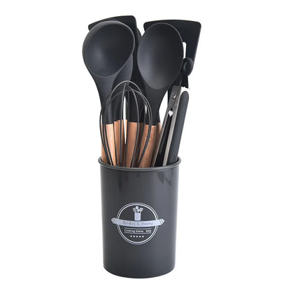 Kitchen Utensil Set - 12-Piece Silicone with Wooden Handle for Cooking, Frying & Serving – Gray